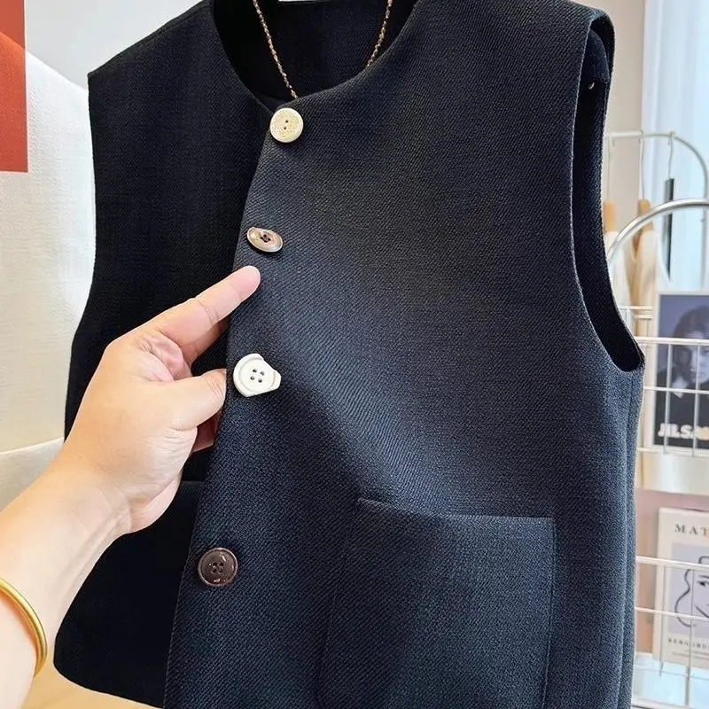 Spring Autumn Temperament Round Neck Small Suit Vest Jacket Women French Temperament Outerwear Layered Sleeveless Camisole Top