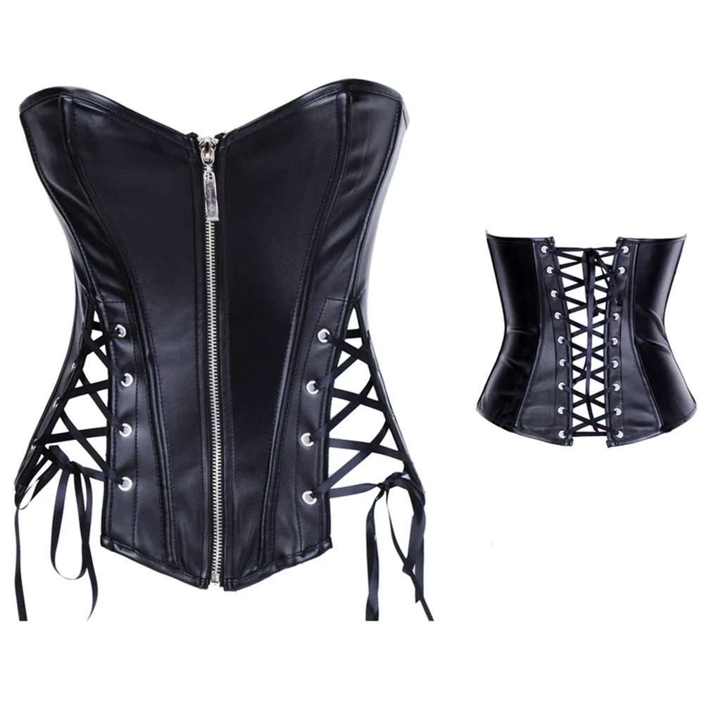 Faux Leather Overbust Corsets Sexy Zip Front Side Lacing Strapless Women\'s Bustier and Corset Lingerie Tops Steampunk Clothing