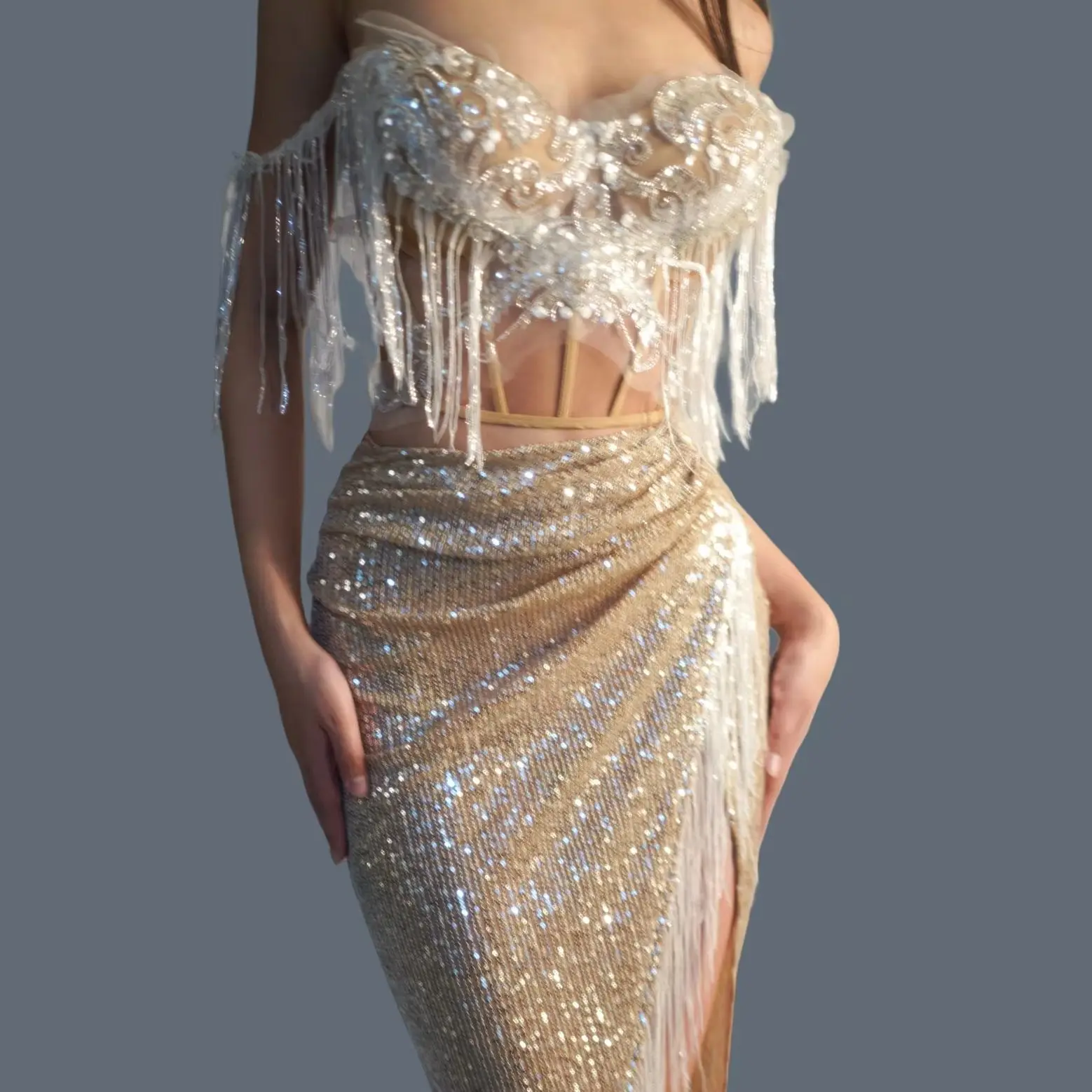 

Tassel Strapless Sequins Crop Tops Long Skirt 2Pieces Set Event Stage Performance Costume Birthday Party Hottie Sexy Wear Fensi