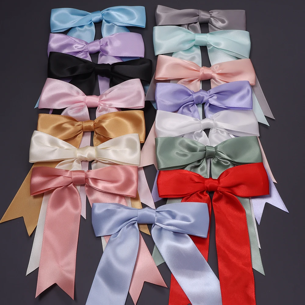 5pcs/lot 4cm Sweet Hand Tied Polyester Satin Ribbon Bows Long Streamer Bowknot for Gift Box Wrapping Wedding Party Decoration