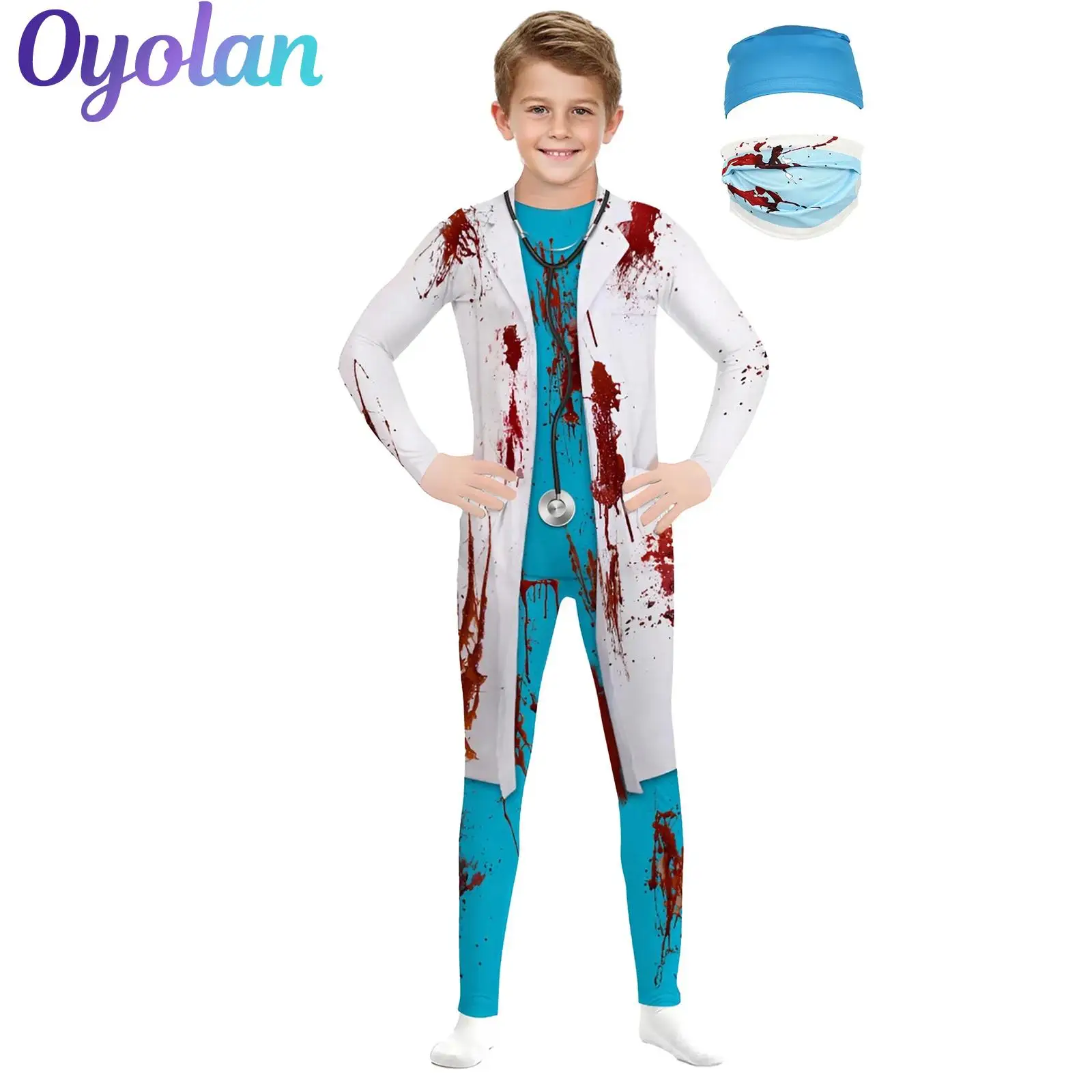 

Kids 3Pcs Zombie Surgeon Costume Bloody Surgeon Halloween Cosplay Jumpsuit with Matched Mask And Surgical Cap Carnival Dress Up
