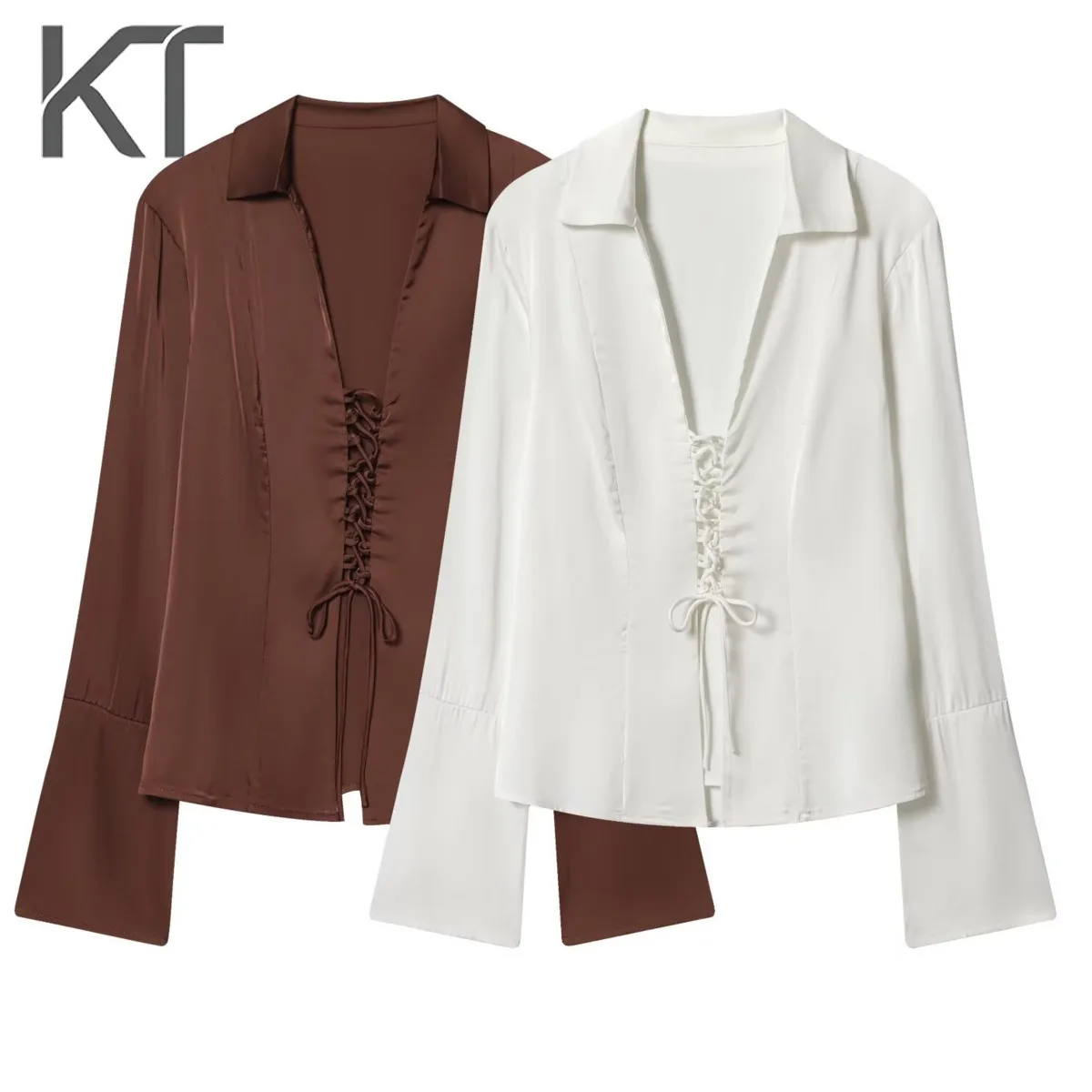 

KT Elegant Satin Lace Up Blouse for Women Turn Down Collar V Neck Lace Up Detail Flare Cuff Party & Daily Wear Tops