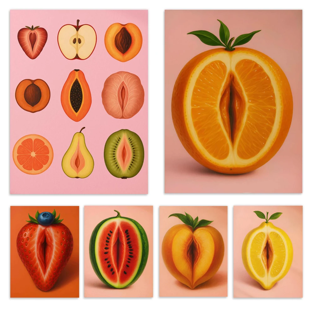 Sliced ​​strawberries, lemons, and oranges—surrealist art themed around feminine fruits; an uplifting body art poster.