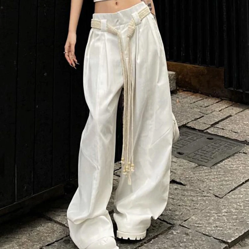 Hot girl pleated wide leg casual pants for women in the summer of 2024, thin design, hanging and elongated floor length pants