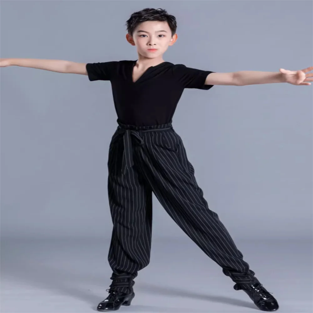 Recién llegado, pantalones de baile latino a rayas para niños, pantalones de baile de salón negros, pantalones con cordones en la cintura para niños, pantalones Cha/Rumba/Samba
