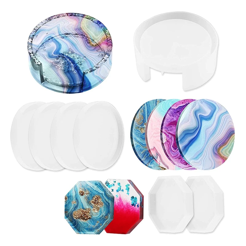 Coaster Resin Molds,7 Pack DIY Casting Mold Silicone Coaster Storage Box Mold, Resin Craft DIY Cups Mats Home Decor