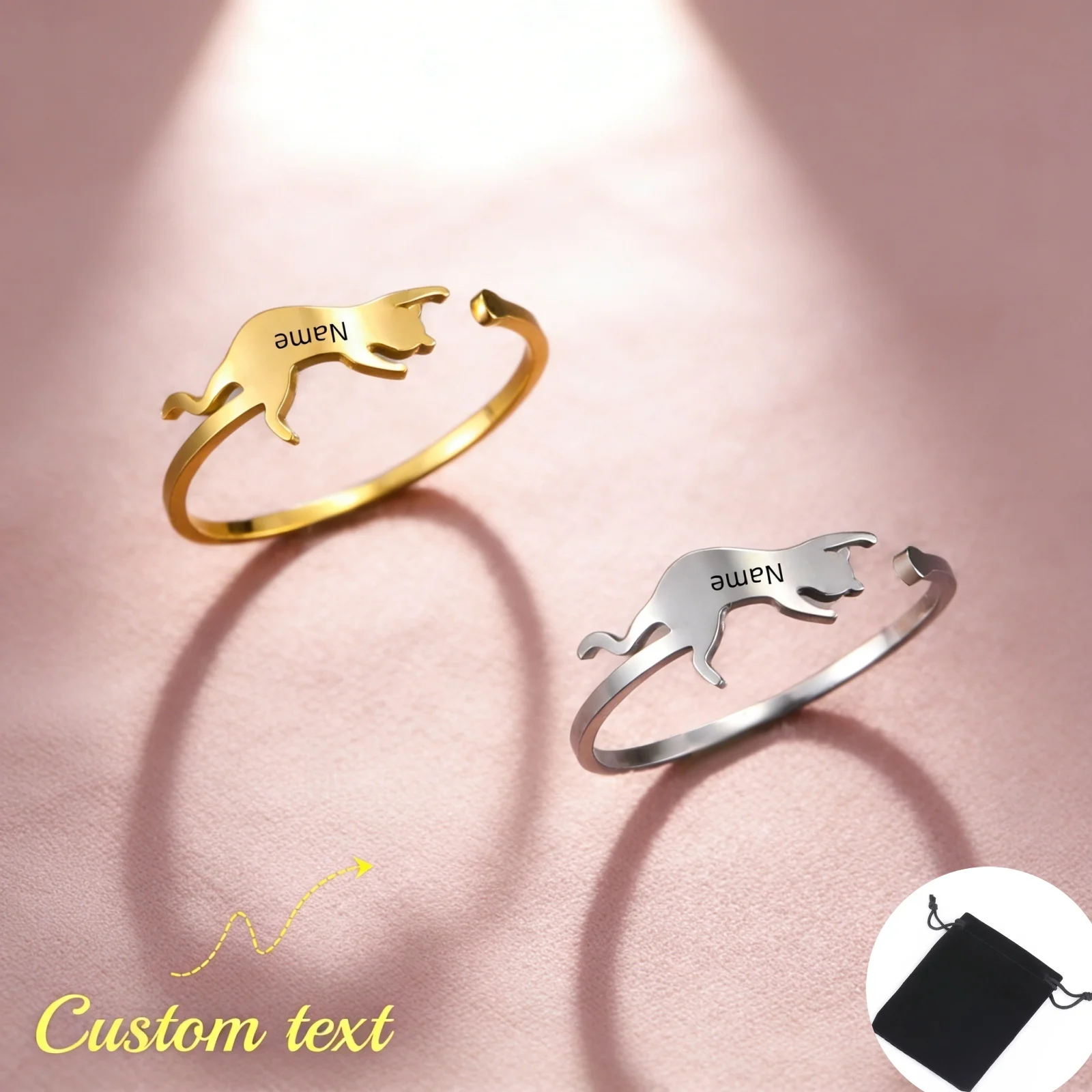 Personalisierter Namens-Stretching-Katzenring aus Edelstahl, personalisierbar, minimalistische Ästhetik, Haustier-Tier, verstellbarer Ring, Geschenk