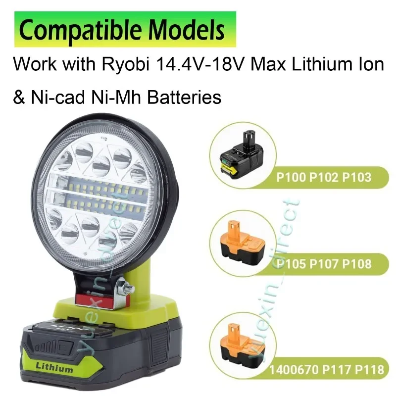 Luces de trabajo con alarma LED, linterna eléctrica, lámpara de coche para RYOBI, 18V, batería de iones de litio, inalámbrica, Camping familiar