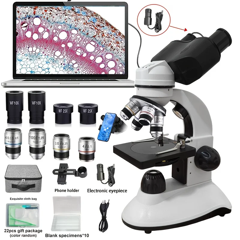 40X-2500X Binocular Microscope Professional, Dual LED Light with USB Camera & Phone Mount, Slides Accessories Kit for Laboratory