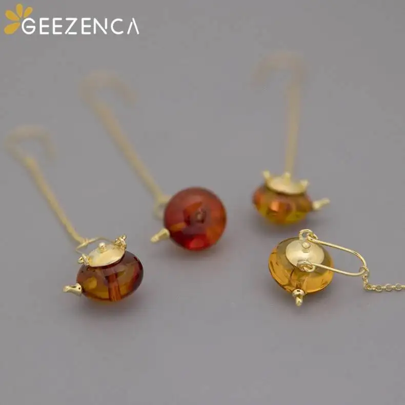 925 Sterling Silver Natural Amber Teapot Drop Earrings Fine Jewelry Chinese Style Trendy Original Design Earrings Girl Gift M008