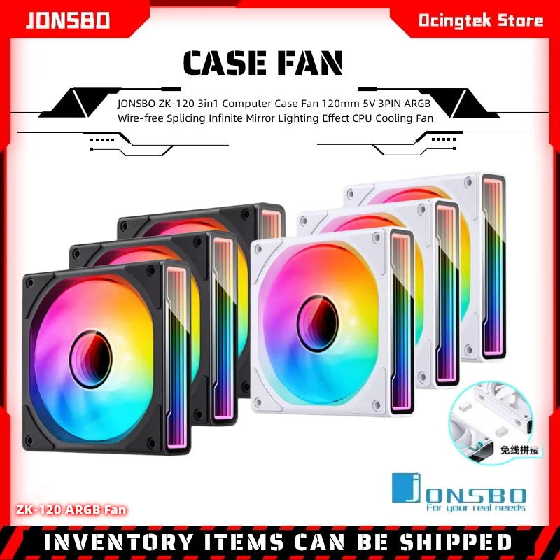 

JONSBO ZK-120 3in1 Computer Case Fan 120mm 5V 3PIN ARGB Wire-free Splicing Infinite Mirror Lighting Effect CPU Cooling Fan