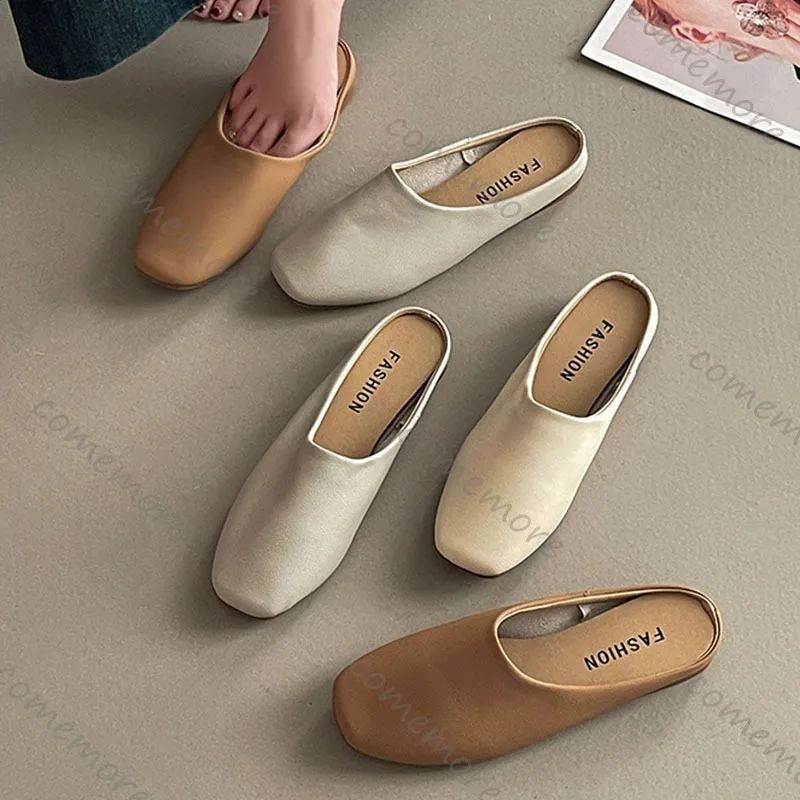 Comemore Retro Square Head Baotou Half Slippers Female Spring Summer Outside Wear Soft Leather Casual Solid Flat Mules Slides