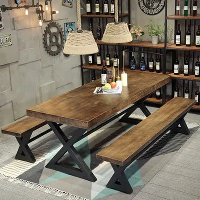 

American country solid wood restaurant dining table retro nostalgic style wrought iron hotel home dining table and chair combina