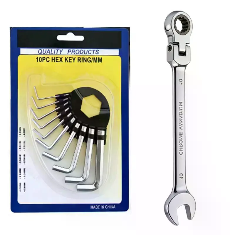 11Pcs Combination Wrench Set Vanadium Steel, 10Pcs Hex Key + 1Pc Swivel Ratchet Wrench, For Auto Garage Mechanical Repair