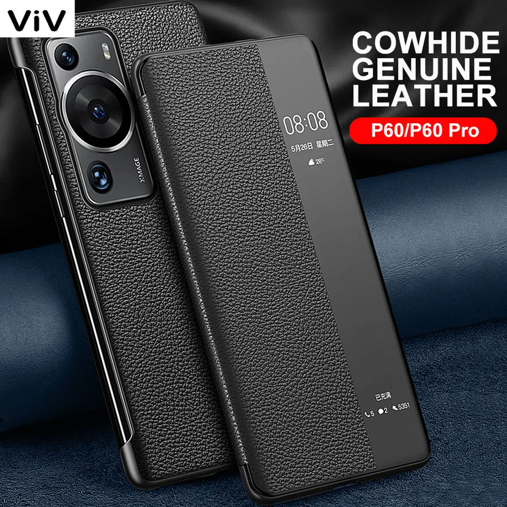 Genuine Leather Flip Cover For Huawei P60 Pro P60Pro Case Original Mirror Smart Touch View Wake Sleep Up Protection Capa Fundas