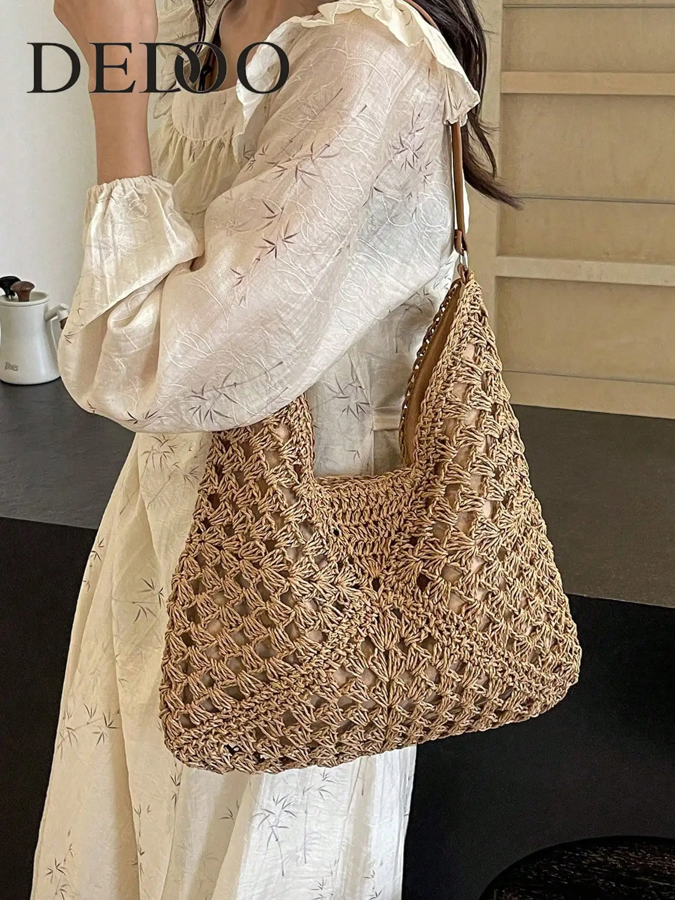 

Dedoo Large Capacity Vacation Style Hollow Straw Woven Bohemian One Shoulder Bag, Casual Retro Romantic Style Tri-Color Interwoven Diagonal Geometric Pattern, Visually Rich Layered, Bright And Soft, Suitable For Travel, Beach, Summer Outings, Shopping, Gi