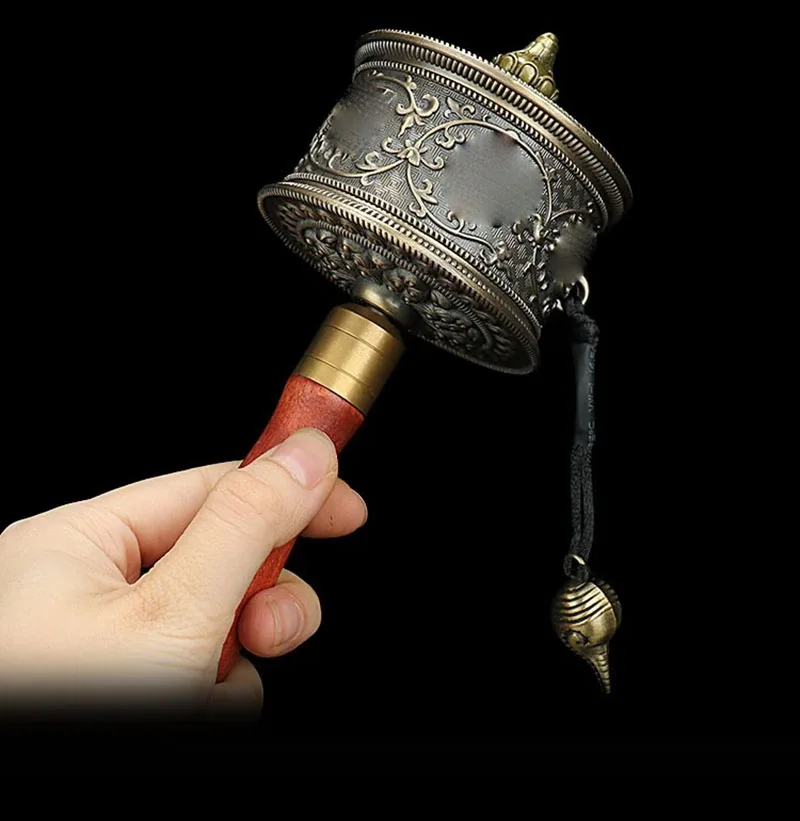 Red Copper Color Alloy Metal Decorate Carving Guanyin/Six Words Mantra/Scriptures Wooden Hand Cranking Prayer Wheel 21cm