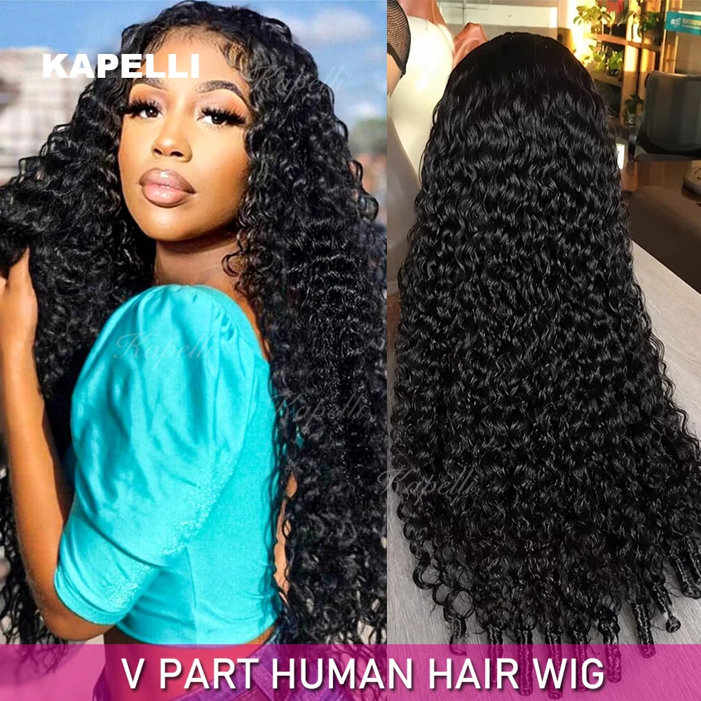 

30inch Burmese Curly Glueless 100% Human Hair Wigs V Part Wigs No Glue No Lace No Sew in Brazilian Raw Hair Beginner Friendly