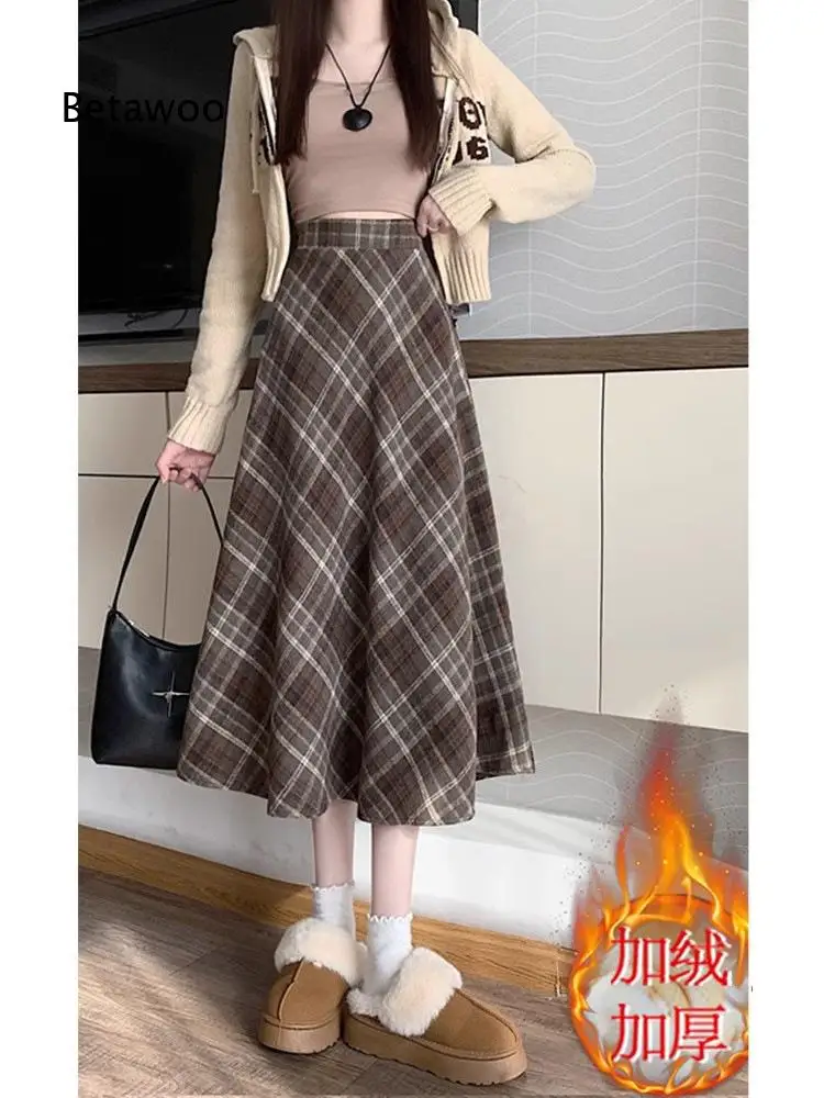 Wool Blend Half Skirt Elastic Waist Zipper Pleated Skirt Vintage Midi Wrap Skirt A Line Skirt Garment For Spring Autumn And Win