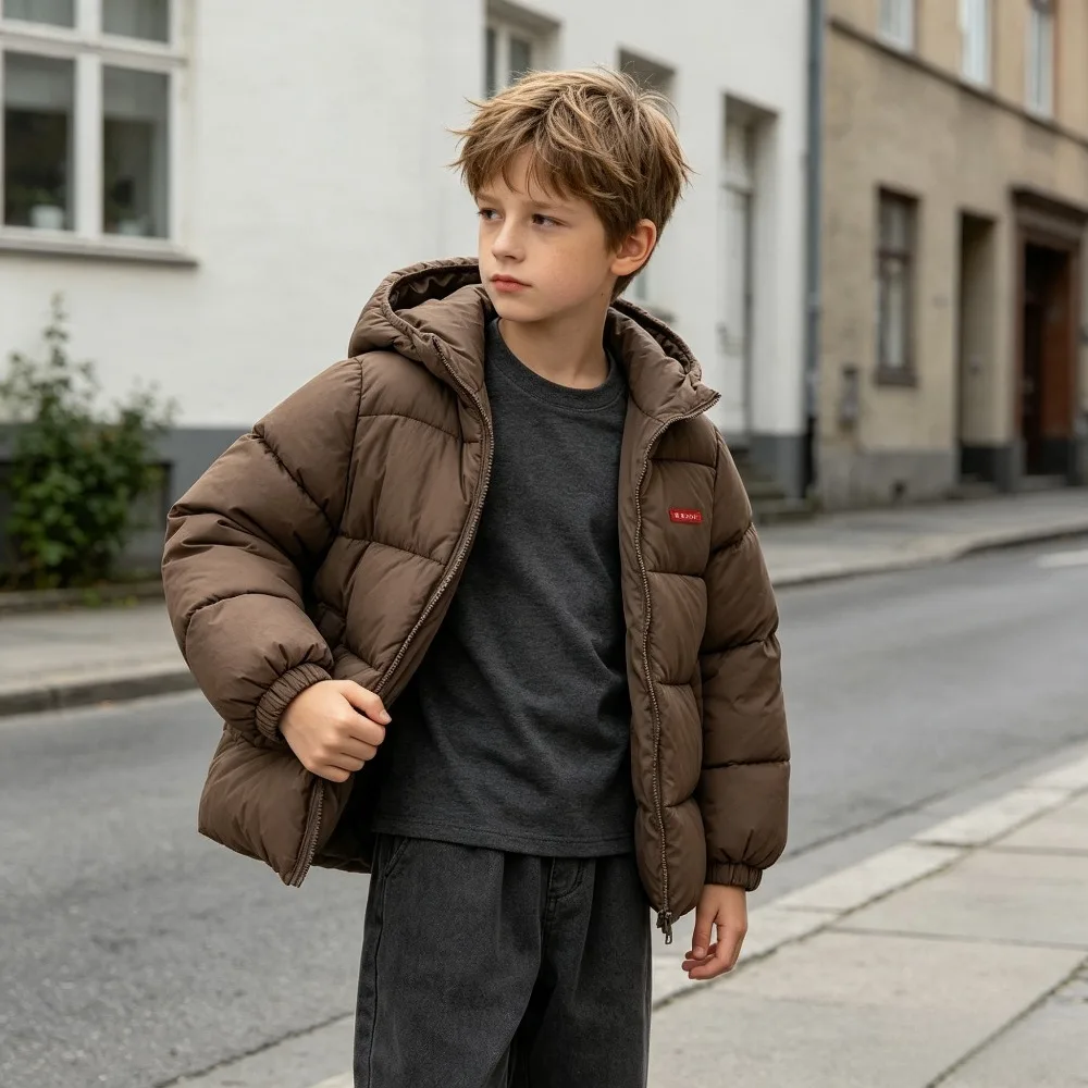 Winter Kid's Hooded Quilted Coat Fleece Lined Zip Up Jacket with Red Label Detail Warm Thermal Outerwear for Cold Weather Play