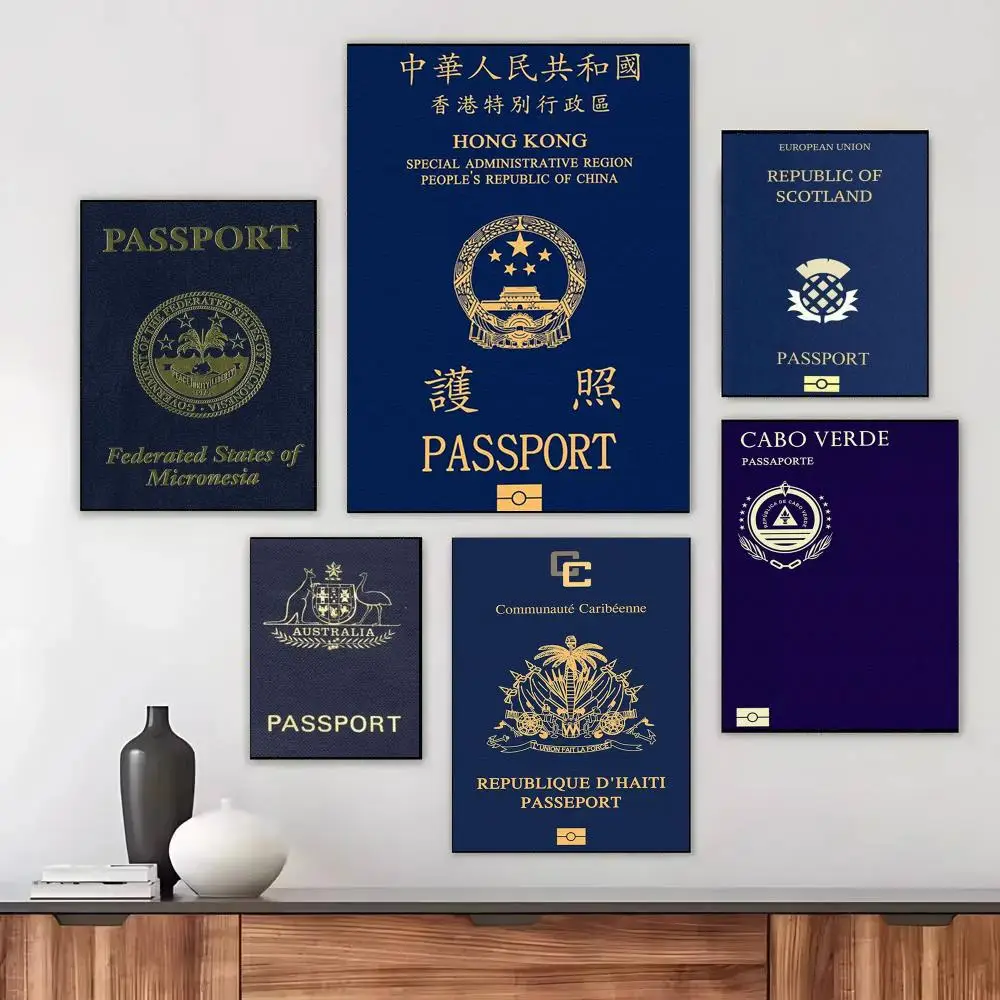 Design Blue-Background Passports Poster Waterproof Sticky WallArt Print For Bedroom Living Room Hallway Bar Home Decor