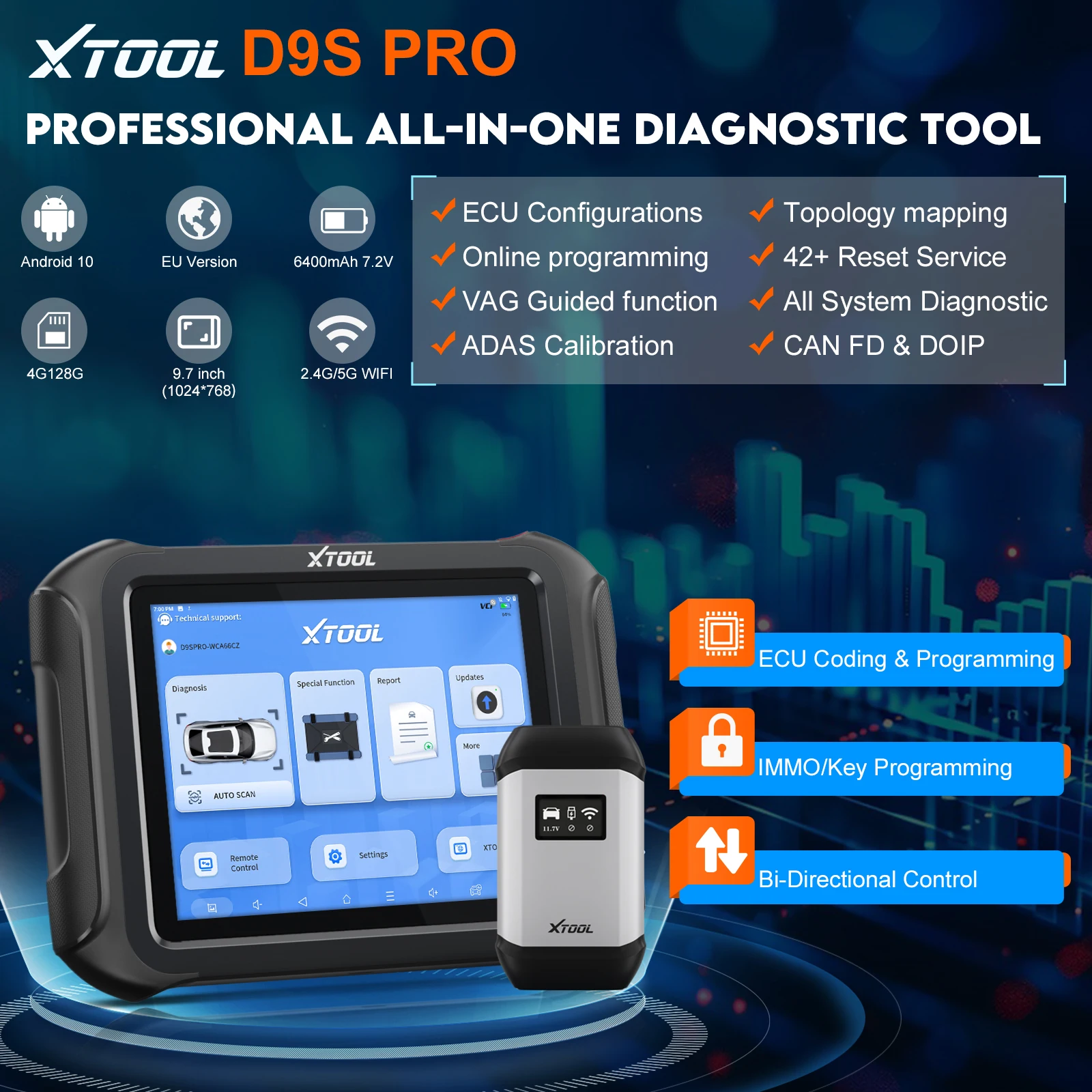 XTOOL D9SPRO WIFI Diagnostic Tool,FCA/CANFD/DOIP,Topology Map,ECU Coding & Programming Automotive Scanner,VAG Guided,42+Resets