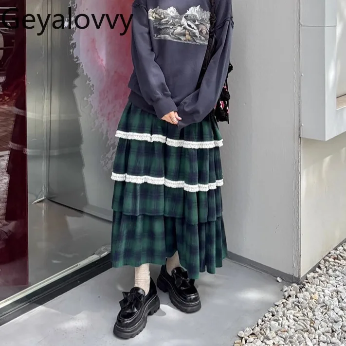 Estilo japonés dulce Retro a cuadros multicapa volante falda larga encaje Patchwork esponjoso Otoño Invierno cintura alta pastel Maxi faldas