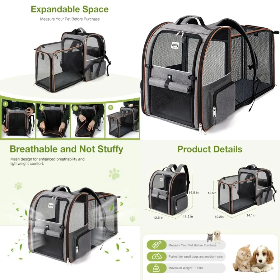 

Cat Carrier Backpack, Expandable Pet Carrier with Sun Shade and Full Front Opening, Breathable Mesh Backpack for Small Dogs and