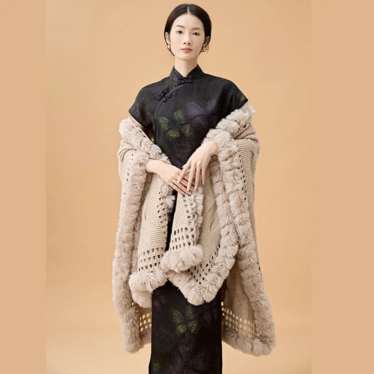 Nuovo Poncho in stile cinese Autunno e Inverno Scialle Cheongsam Capispalla Mantello in maglia spessa Cappotto in pelliccia sintetica Mantello nazionale P1