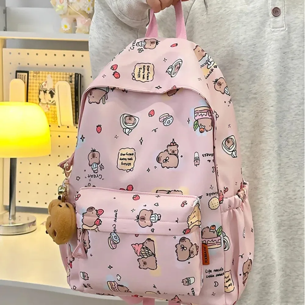 

Thickened Capybara Backpack Wide Straps Nylon Large Capacity School Bag Multi Functional Lightweight Capybara Doll Keychain