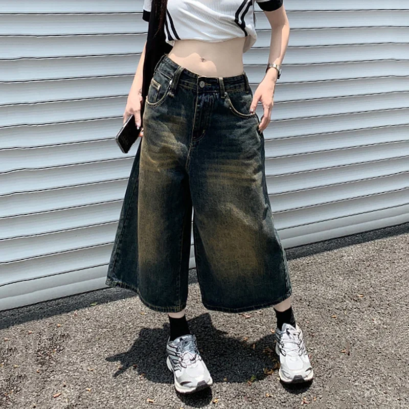 Streetwear Y2k Style Baggy Denim Shorts Women Wide Leg Short Pants Fashion High Waisted Wash Knee Length Jeans Female Z205