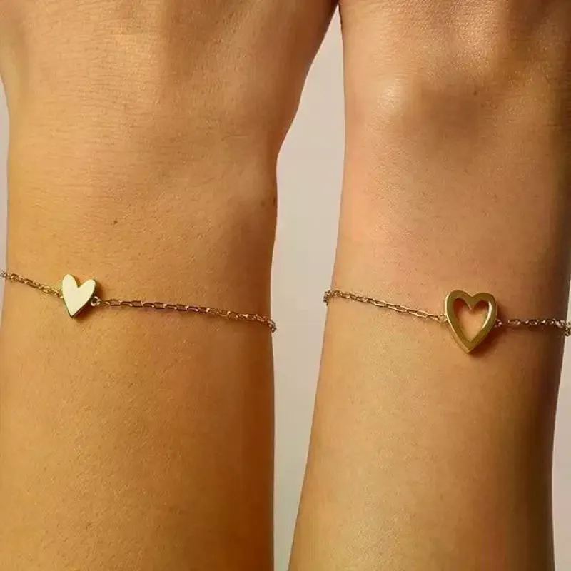 1/2Pcs Adjustable Alloy Heart Cutout Bracelets Sweet Simple Style For Couple Daily Wear Valentine's Day Romantic Gift Bracelets