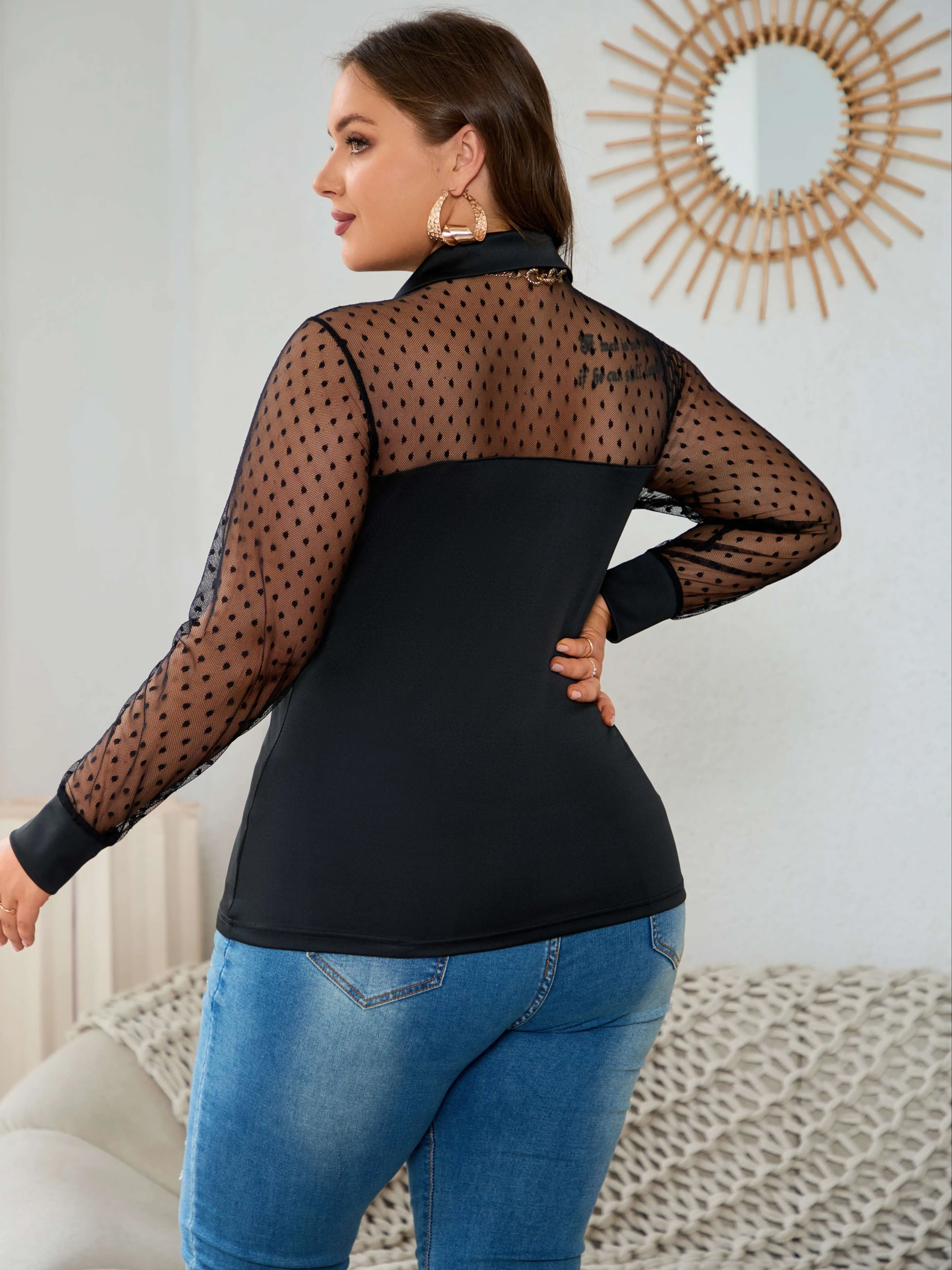 Siatka Plus Size bluzka, elegancka bluzka z długim rękawem na wiosnę, damska odzież Plus Size