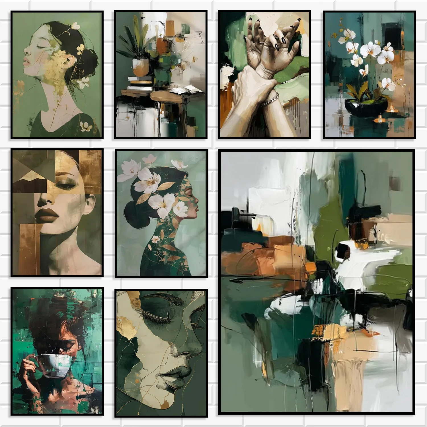 Emerald Green Abstract Woman Portrait Diamond Wall Art Set Modern Moody Floral & Hands Prints for Living Room Bedroom Home Dec