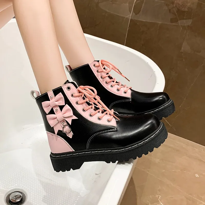 Kawaii Girl Pink Boots 2023 New Butterfly Knot Women's Boots High-top Lace-up Motorcycle Boots Fashion Student Platform Shoes