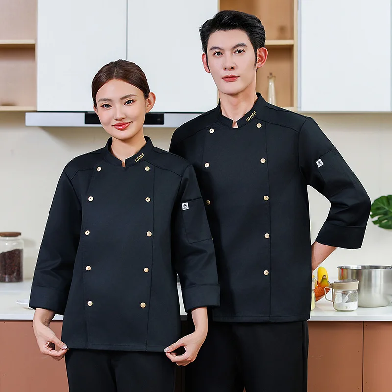 

Двухрядная золотая пуговичная застежка, униформа шеф-повара, мужская, с длинным рукавом, для отеля и кухни, большие размеры, осенне-зимний комплект