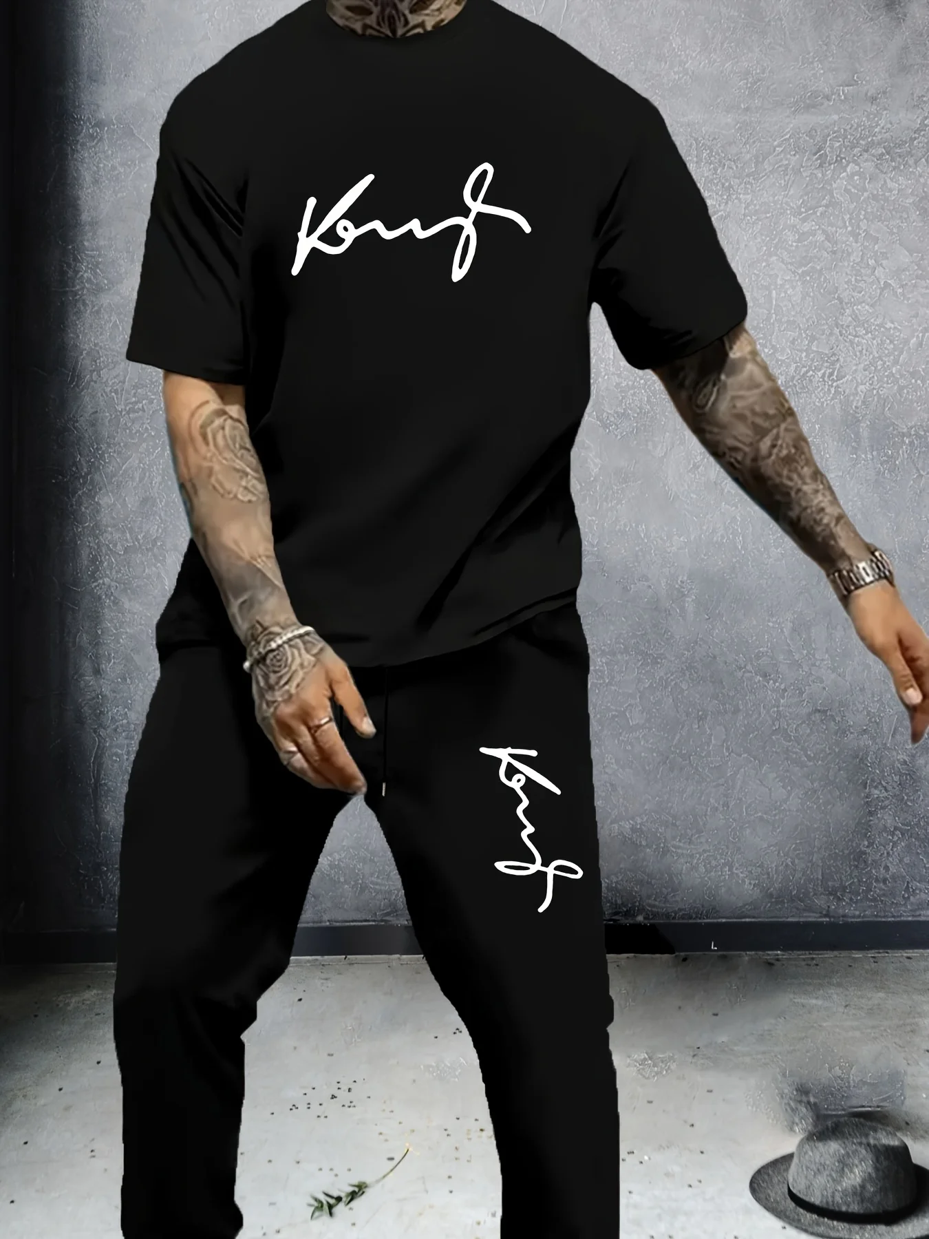 

Summer men's letter printed clothing comfortable and breathable round neck T-shirt and pants set outdoor urban casual wear