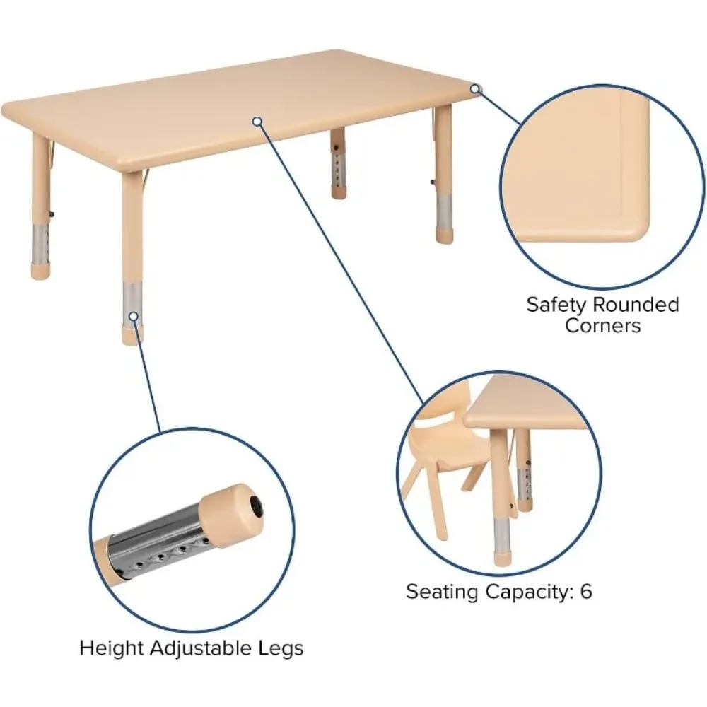 Mesa de atividades ajustável para crianças, mesa retangular de plástico, 6 cadeiras empilháveis, 24 "x 48" L, Natural