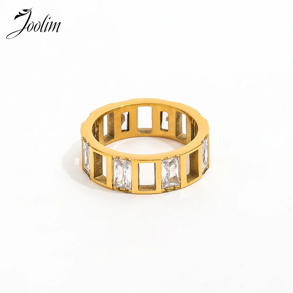 

Joolim Jewelry Wholesale High End PVD No Fade Light Luxury Fashion Rectangle Zirconia Hollow Band Stainless Steel Ring For Women