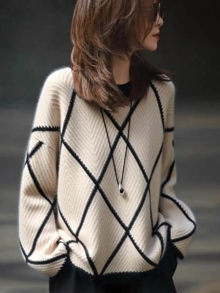 

Thiened Knitted Sweater Commute Sle round Ne Women's Faionable Warm Top Commute Versatile Color Blo Korean Loose Fit