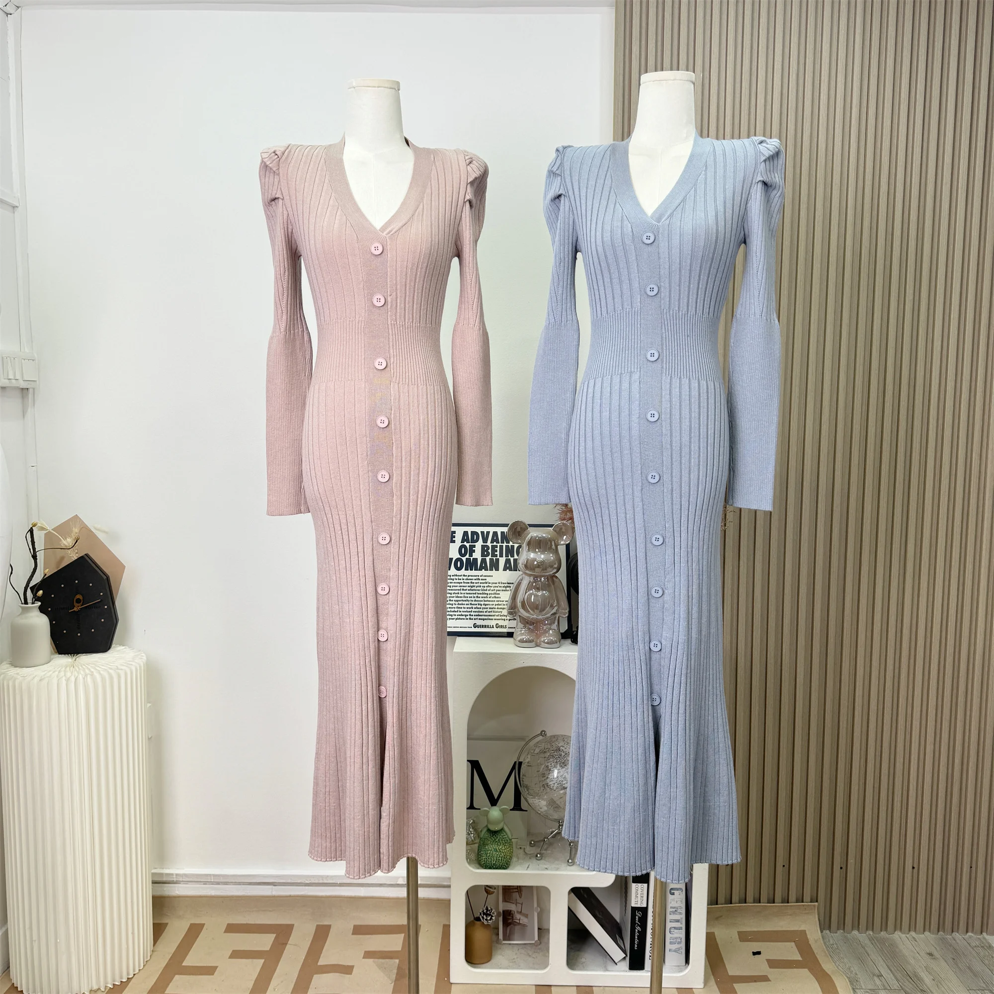 

Элегантное облегающее платье с v-образным вырезом и длинными рукавами, однобортное лоскутное универсальное платье, японский новый вязаный халат Moda N558