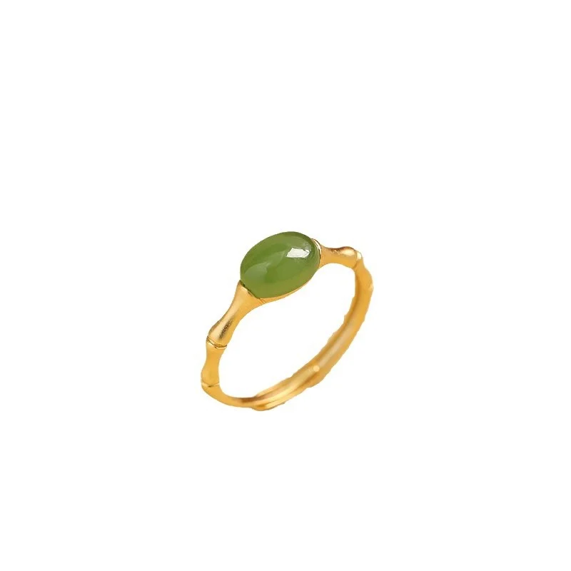 Green Natural Jade Bamboo Ring, Stone-Carved Gemstone, vintage Charm, Lucky Talisman, Adjustable Ring, Real Jewelry view 6