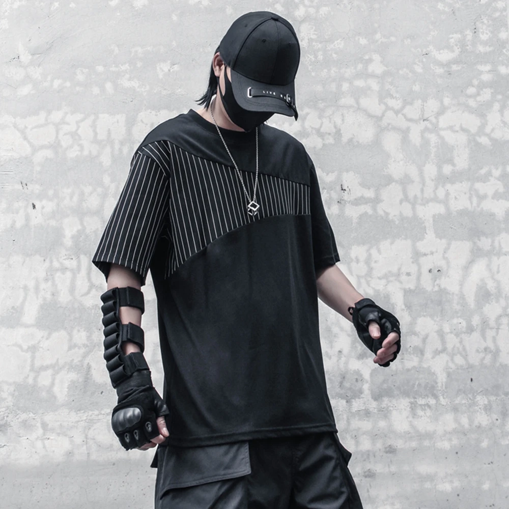 AOGZ Techwear Striped Patchwork Summer Short Sleeve T Shirt Harajuku Streetwear Casual Fashion Men Clothing Black Tees Tops