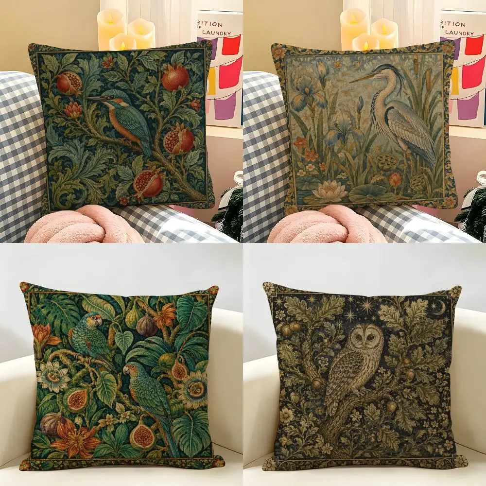 William Morris Bird Cushion Cover Natural Linen Organic Fabric Double-Sided Printing Breathable Perfect For Home Decor