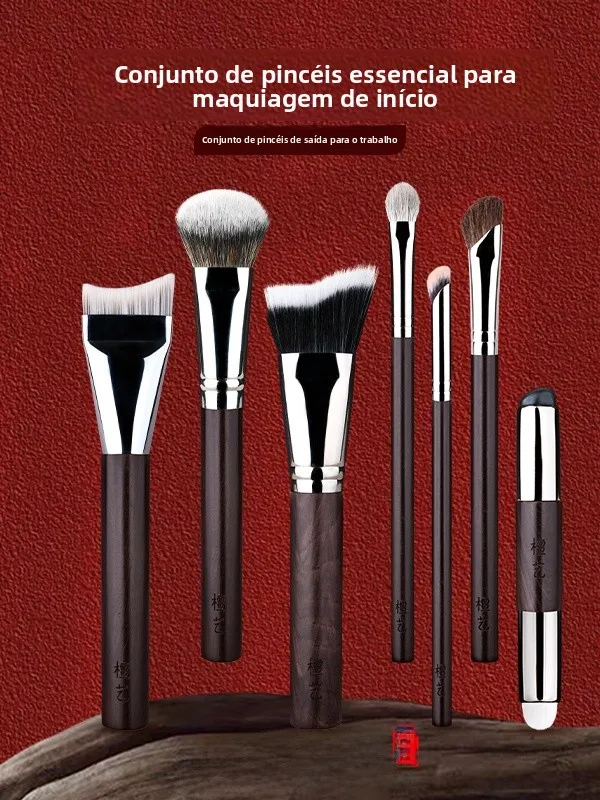 Conjunto de Pincéis de Maquiagem com Cerdas Naturais, Ideal para Iniciantes, Cabo Longo para Aplicação Uniforme de Base, Cor ...