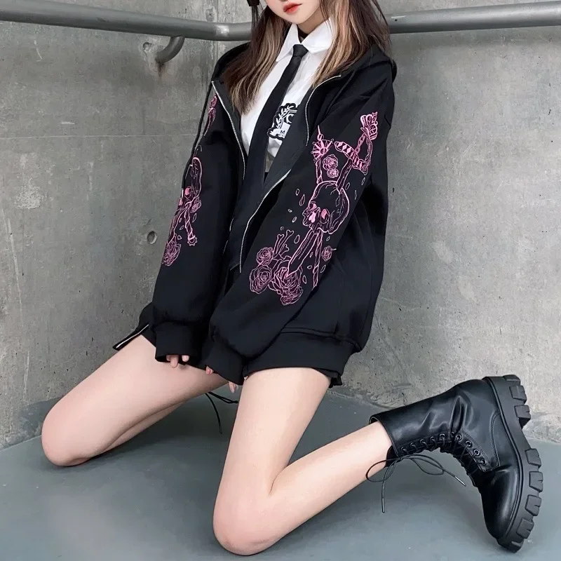 1960s Korean Style Women Clothing Printed Zipper Hat Shirt Vintage Black Coat Sports Shirt Loose Street Trend