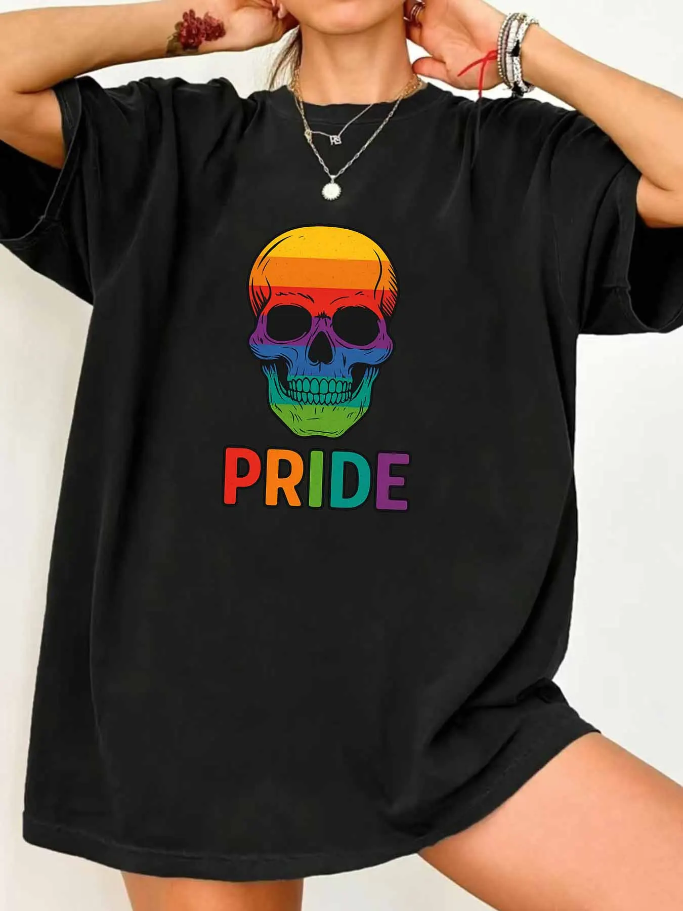 

【WY06162】Skeleton head Plus size women's round neck short sleeve T-shirt with elastic half sleeves and trendy prints