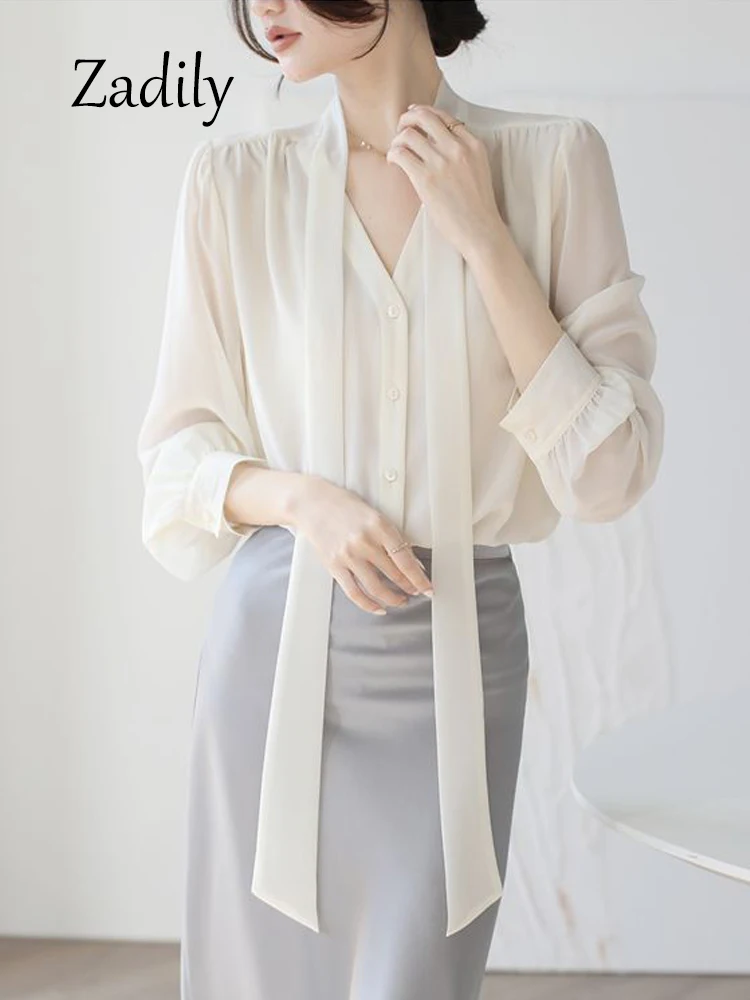 Zadily 2024 Summer Office Lady Women Chiffon Shirt Korea Style Bandage Button Up Ladies Blouse Long Sleeve Transparent Tunic Top