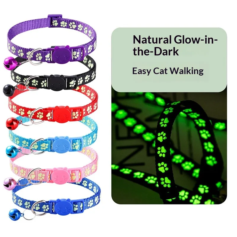 Im Dunkeln Leuchtendes Haustier-Halsband mit Glocke Cartoon-Pfotenabdruck Verstellbare Sicherheitsschnalle Leuchtendes Hunde- und Katzen-Halsband für Nachtspaziergänge