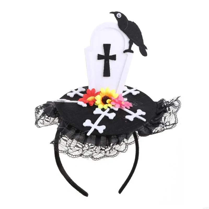 

270D Exquisite Headband Tombstone Skeleton Crow Hair Hoop for Halloween Christmas